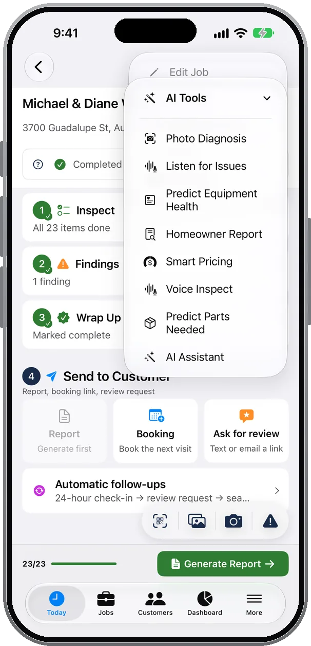 The AI Tools menu on a job: Photo Diagnosis, Listen for Issues, Predict Equipment Health, Homeowner Report, Smart Pricing, Voice Inspect, Predict Parts