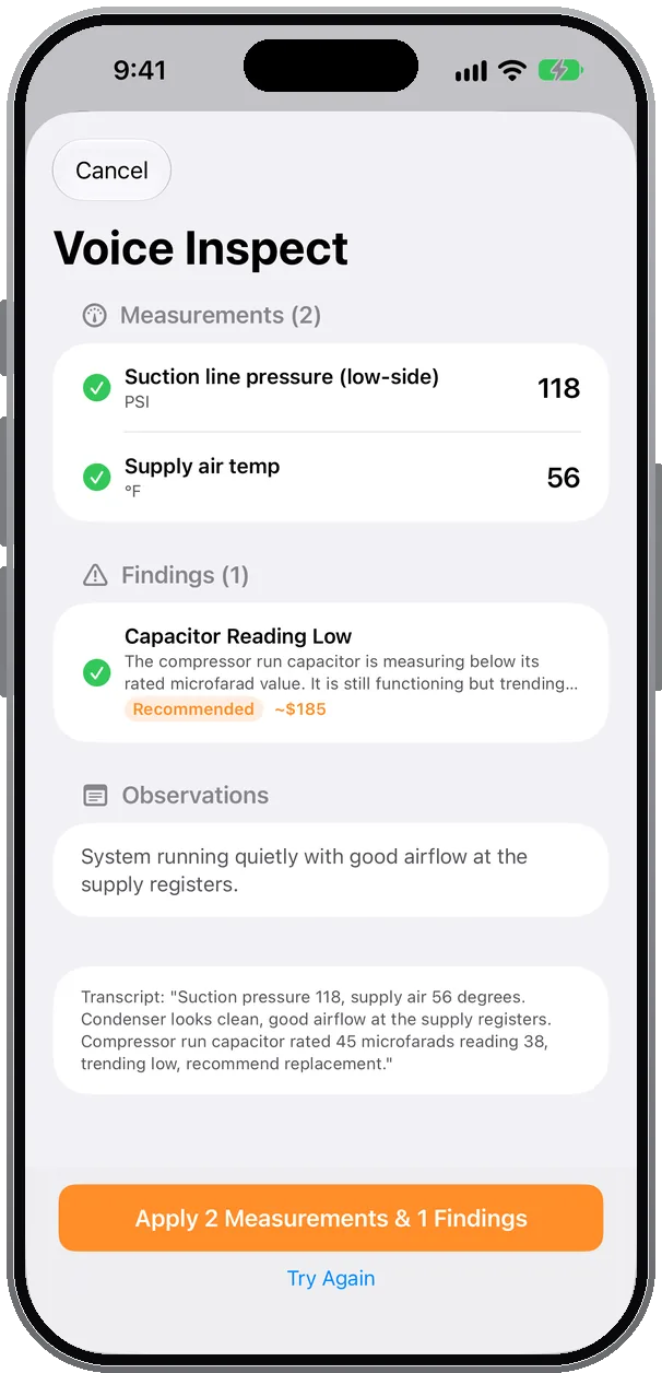 FieldLoom Voice Inspect result: two measurements and one finding parsed from a spoken narration, with accept toggles